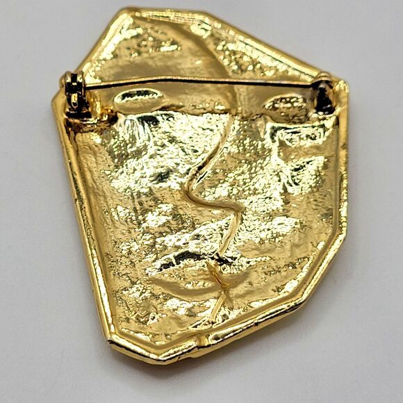 The Kissing Faces Brooch Modernist Two Faced Gold Tone Pin Expression of Love 2" - Picture 2 of 3